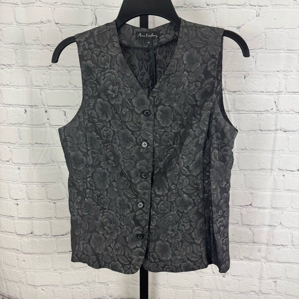 Ann Freedberg Dark Gray Floral Embossed Vintage Vest Size Medium